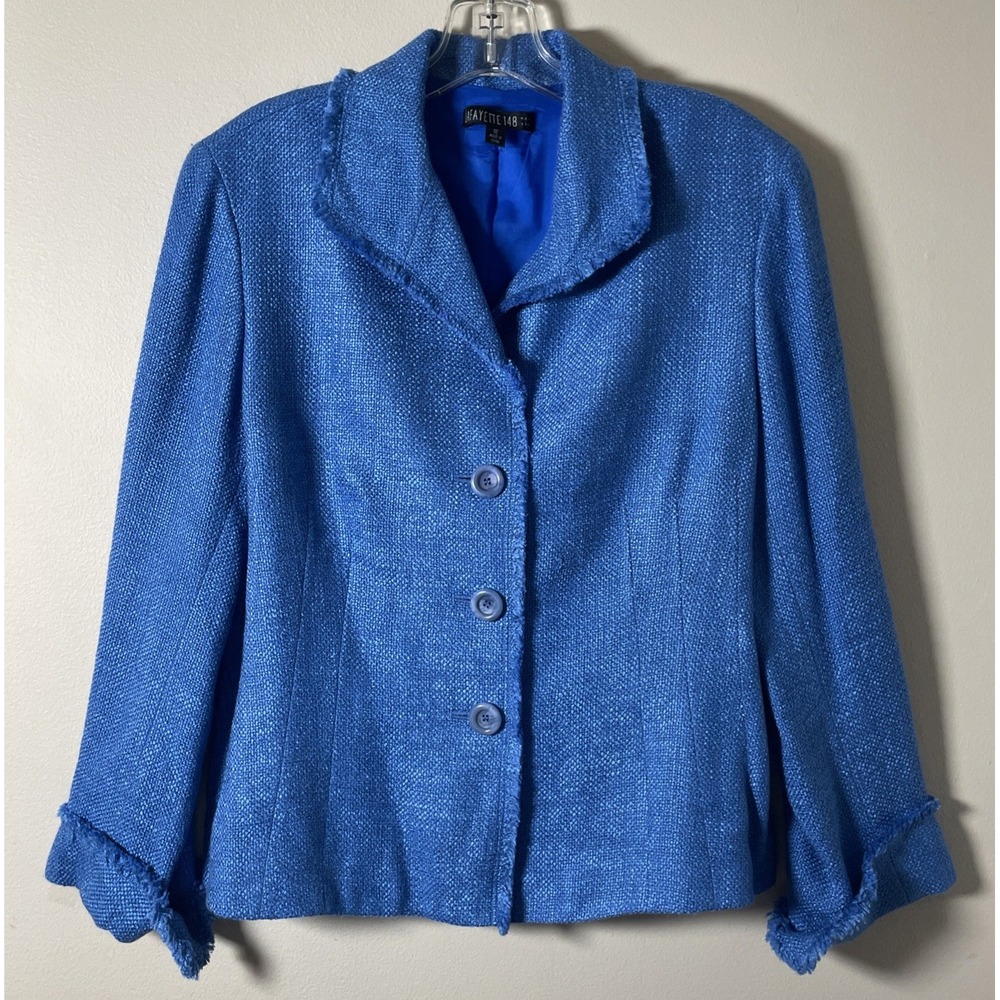 Lafayette 148 Blue Tweed Blazer 3 Button Women's Size 12 Frayed Fringe Trim